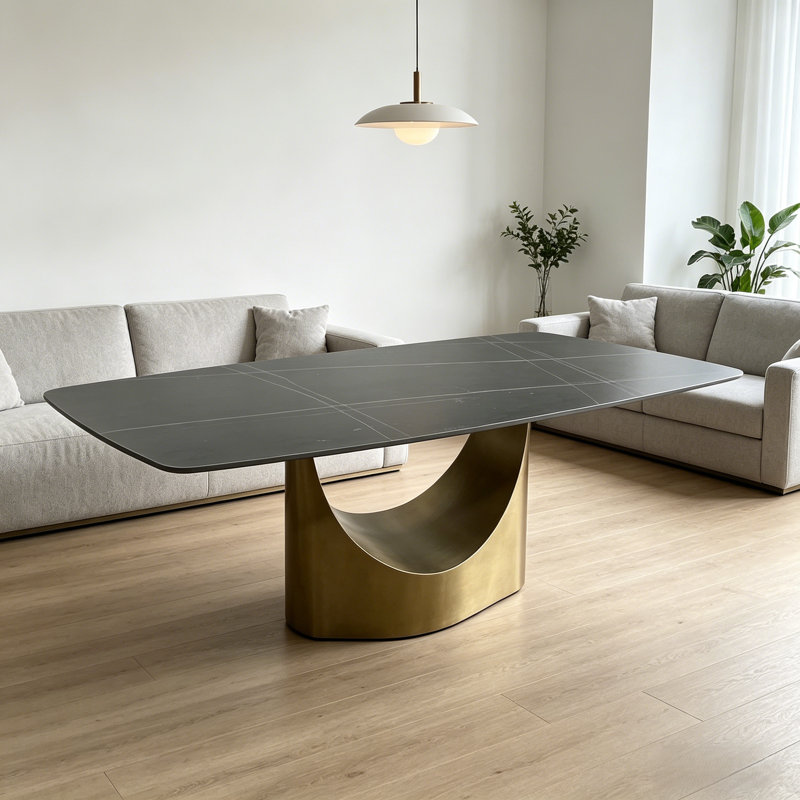 70.9" Modern Dining Table Sintered Stone Matte Black Surface With U-shape Stainless Base-- Arrtle Furniture