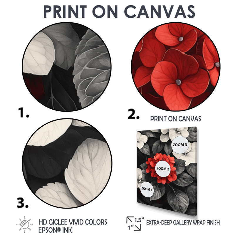 Hortensias monochromes avec décor de pétales rouges II - art mural floral, H 32 po x l 24 po, Doré