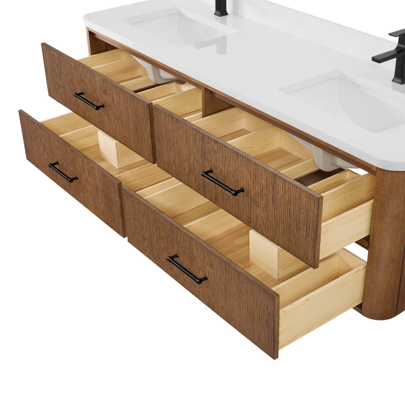 Meuble-lavabo double mural Francesca WM de 72 pouces, fini noyer grillé, sans comptoir ni lavabo, garniture noire mate