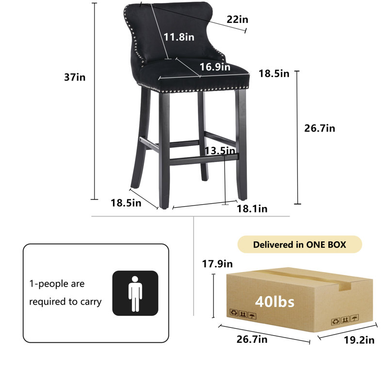  Modern Velvet Upholstered Bar Stools Counter Height Barstools Set of 4, Black