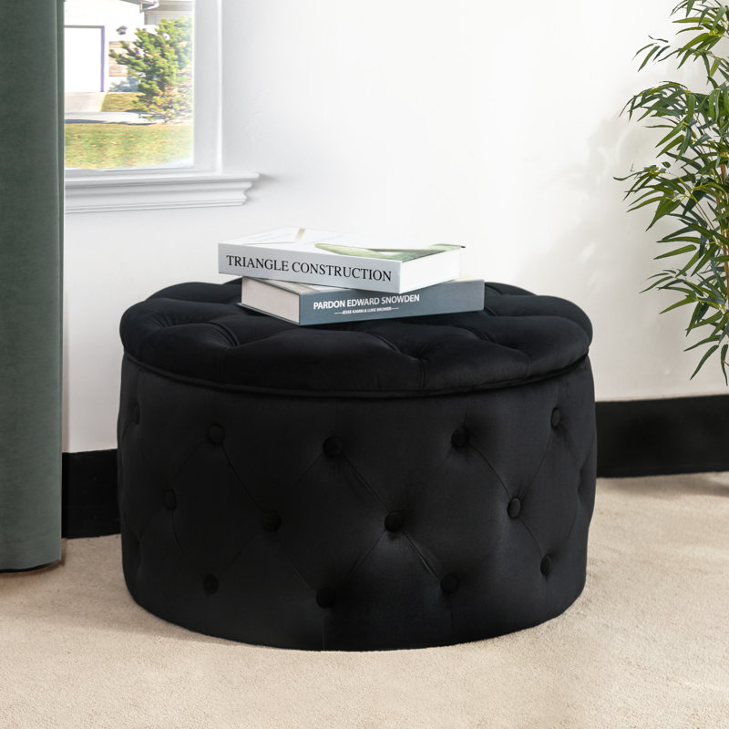 Repose-pieds rond avec rangement Ardean, Velours noir