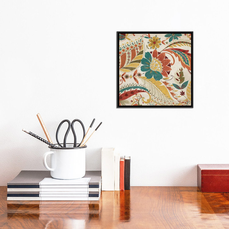 Boho Paisley Spice I, impression sur toile tendue, H 18 po x l 18 po x P 1,5 po, Toile avec cadre noir, Pas de tapis