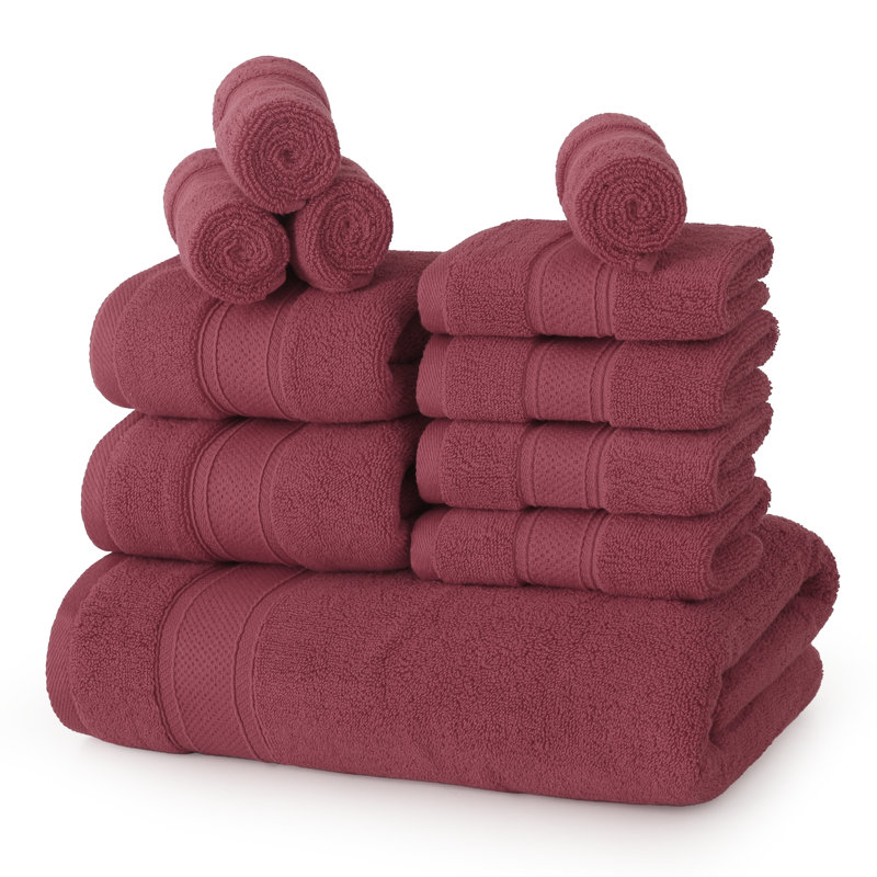 Kimmarie 11 Piece Cotton Towel Set, Bath Towel 27x54", 2 Hand Towels 16x28" and 8 Wash Cloths 12x12", Wine Red