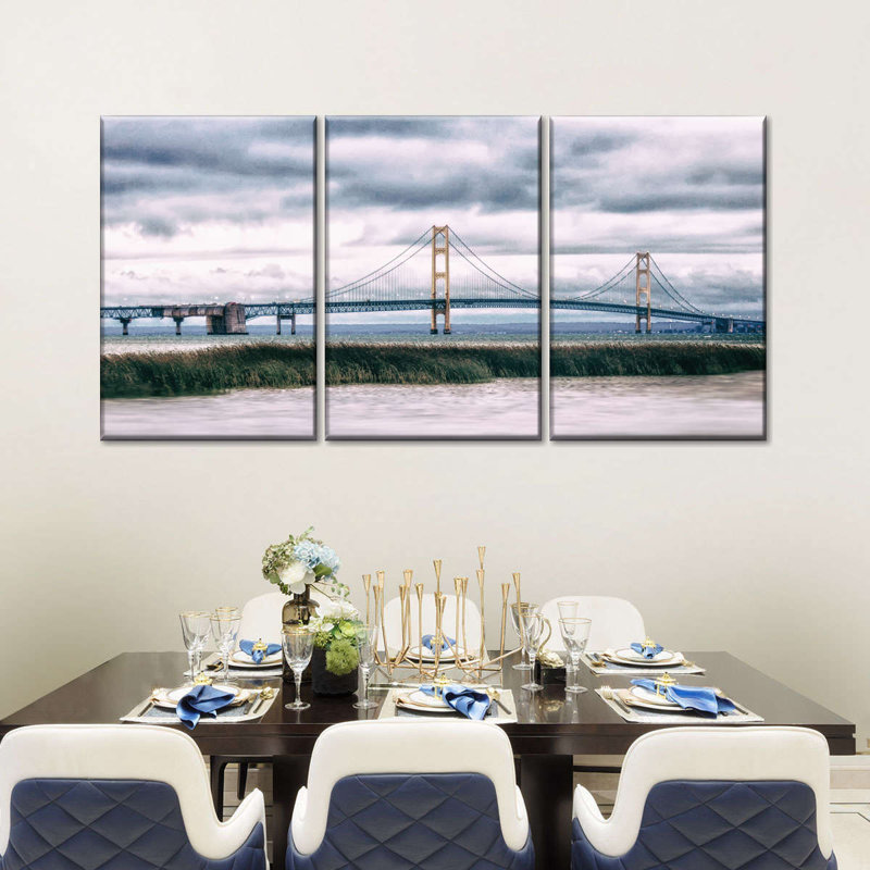 " Panoramic Mackinac Bridge " 3 - Pieces, 45" H x 92" W x 1.25" D