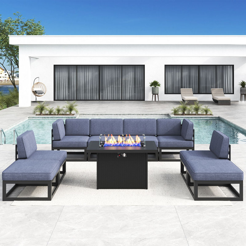 9 - Piece Outdoor Modular Sectional Set with Fire Table, Navy Blue