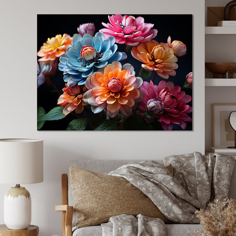 Zinnias illuminée au clair de lune sur toile, H 30 po x l 40 po x P 1,5 po, Toile tendue
