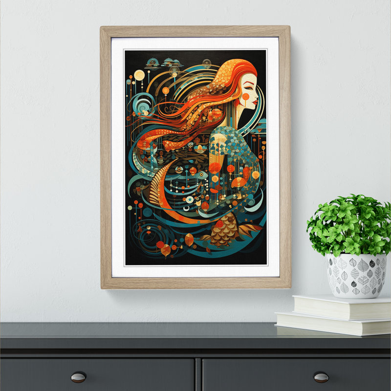 XYZ-FRM-V1223-4490 Mermaid Constructivism - Single Picture Frame Print on Wood, 34cm H x 25cm W x 2cm D, Oak 