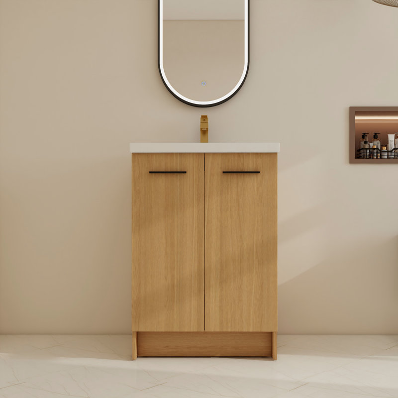 Ensemble de meuble-lavabo simple autoportant 24 po avec lavabo supérieur en résine, meuble-lavabo sur pied avec porte à fermeture en douceur et tablette