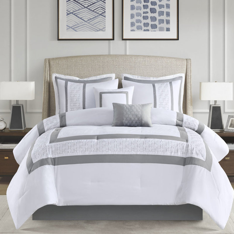 King 8 Piece Comforter - Elegant Embroidery Accents Grey And White Bedroom Decor Graceful, White