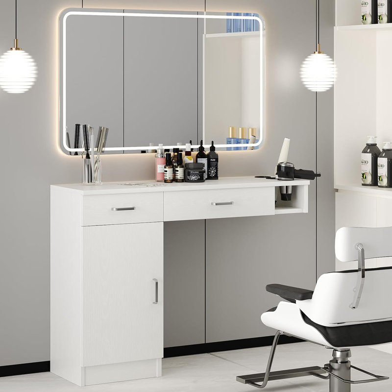 Station de coiffeur murale avec coiffeuse Thame, sans miroir, Blanc