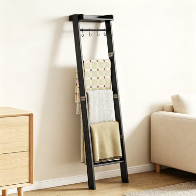 Blanket Ladder Shelf, Farmhouse Ladder Holder, Blanket Organizer with Removable Hooks, Decorative Quilt Rack for Living Room, Bedroom, Entryway
