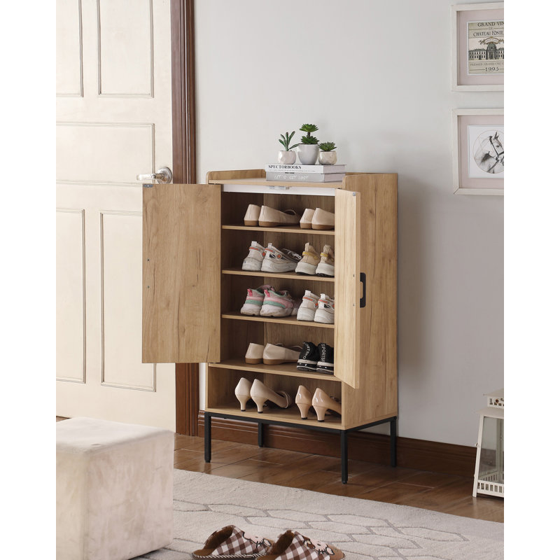 Armoire à chaussures avec portes en rotin, armoire de rangement à chaussures à 5 niveaux avec tablettes ouvertes