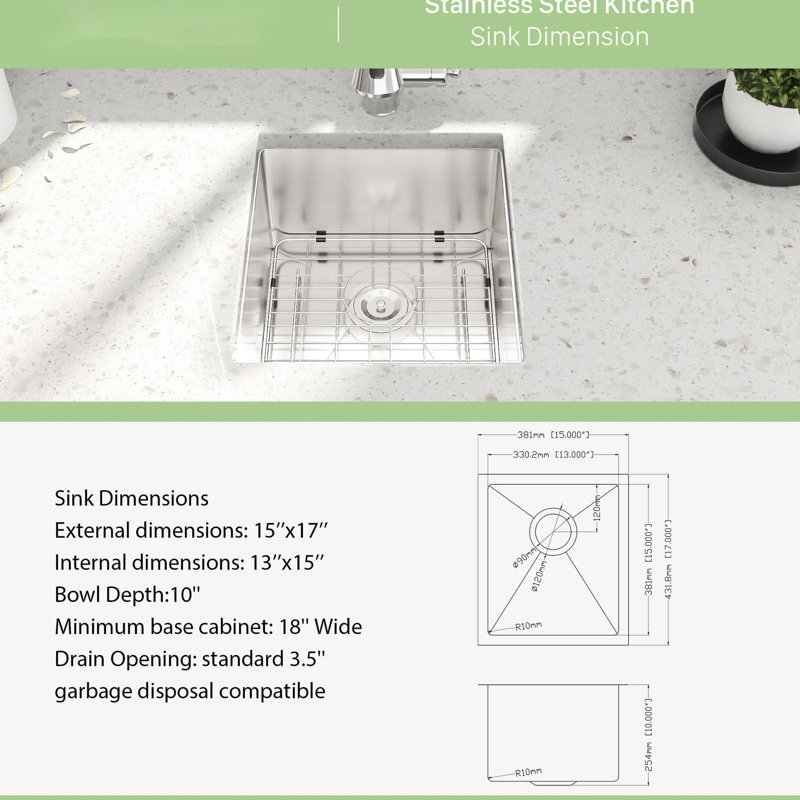 15 Inch Undermount Sink - 15"X17"X10", Stainless Steel 16 Gauge, Single Bowl 10 Deep, & Attractive, Brushed Satin, Soundproof, Condensation, Slope Drain Design Kitchen Gauge Bowl, Handcrafted Satin