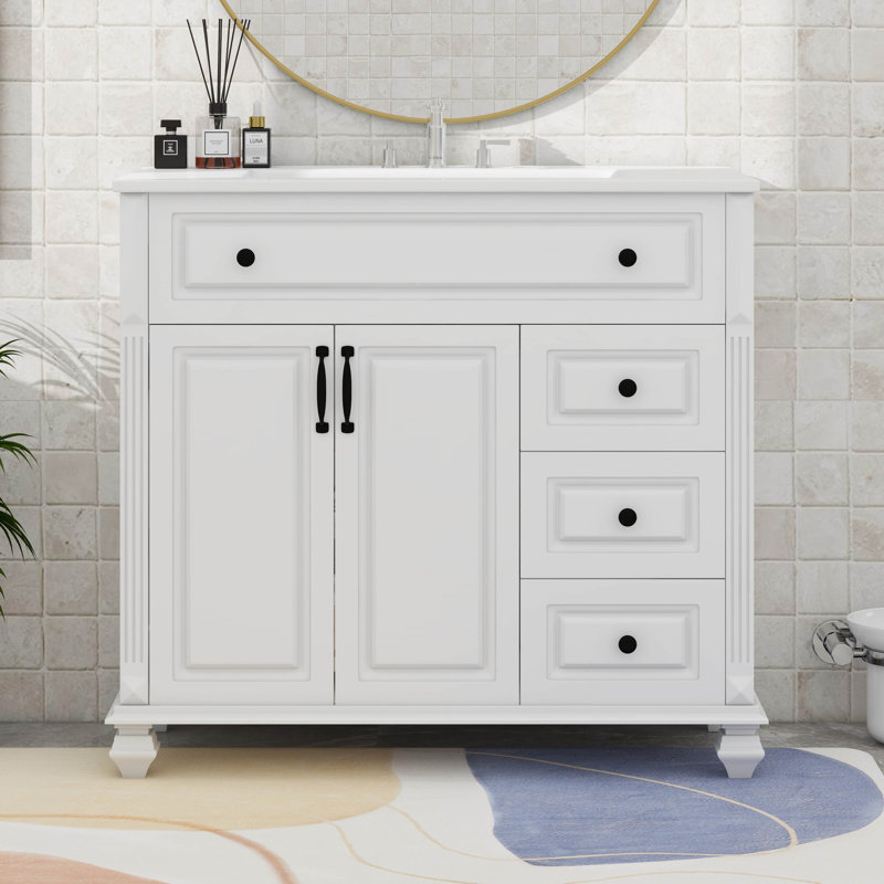 Meuble-lavabo 36 po avec lavabo, tiroir rabattable, 3 tiroirs et 2 portes, Blanc/Noir