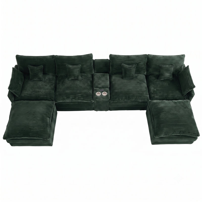 Ensemble de canapé en U de 141 pouces avec console, table basse, oreillers et ports USB, facile à installer pour le salon