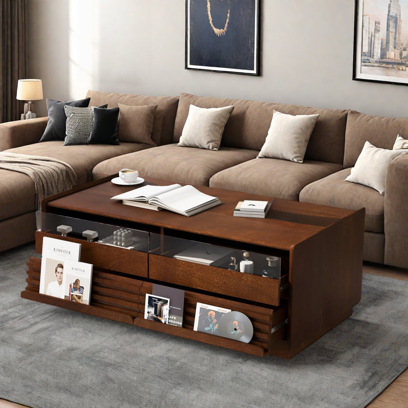 Table basse moderne moderne avec 4 tiroirs et 2 tablettes, Brun