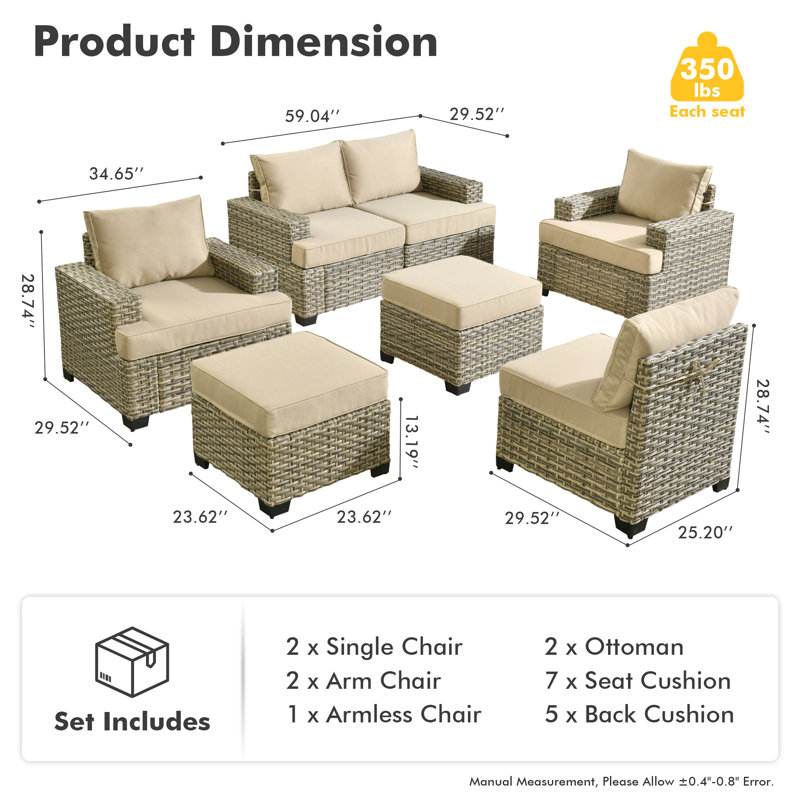 Ensemble de conversation 7 pièces avec coussins 7 pièces, Beige