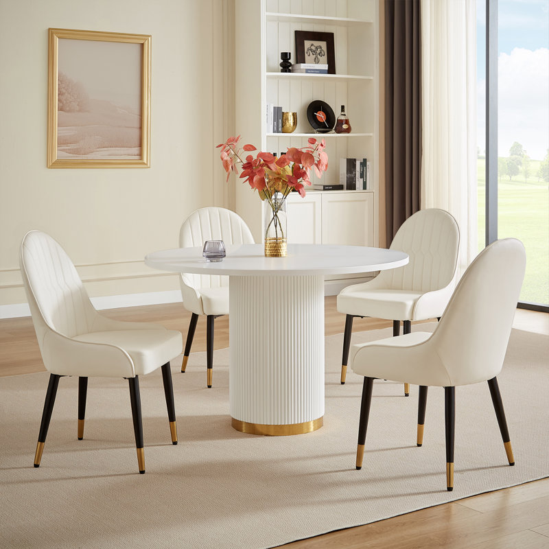4 - Person Pedestal Dining Set, Brown, White