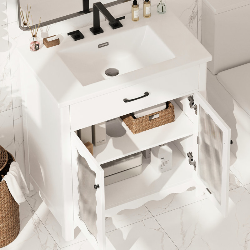 Meuble-lavabo de 31 po avec faux tiroir, verre à rayures verticales et pieds en bois d'hévéa pour un tiroir fonctionnel de 31 po, surface à griffes et fermeture en douceur