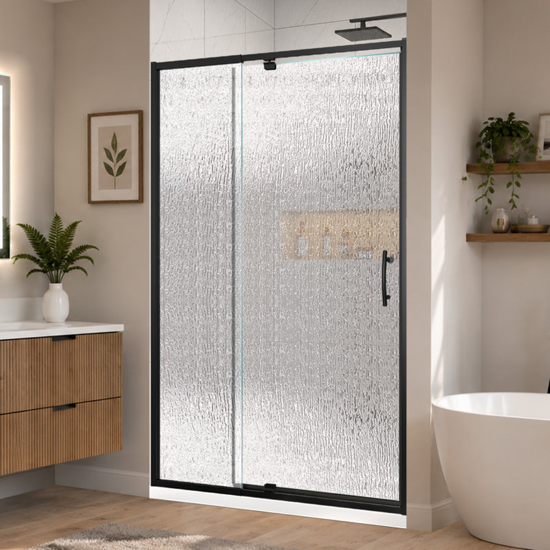 38-42 in. W x 71 in. H Pivot Semi-Frameless  Shower Door in Matte Black with Rain Tempered Glass, Matte Black, Rain