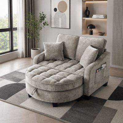 Modern 2-Seater Sofa with Chaise Lounge & Storage Footrest, Upholstered Double Sofa with Irregular Armrests, Includes 2 Throw Pillows for Living Room
