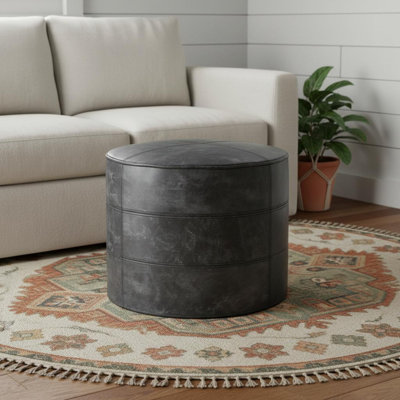 Pouf rond ottoman de 18 pouces en cuir véritable noir