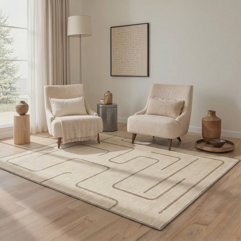 Kaleido Geometric Machine Washable Beige Indoor Area Rug with Non-Slip Backing, Rectangle 5' x 7'
