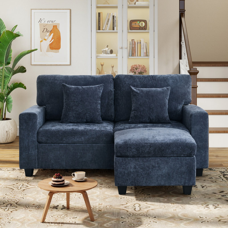 Canapé d'angle modulaire en forme de L avec pouf, Bleu