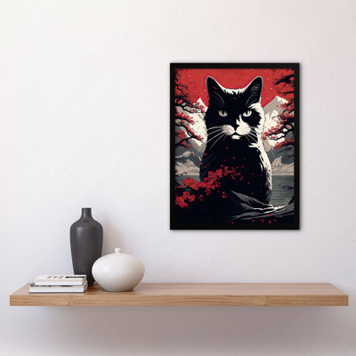 Ukiyo Japanese Black Cat Red Black White Modern Artwork - Single Picture Frame Print