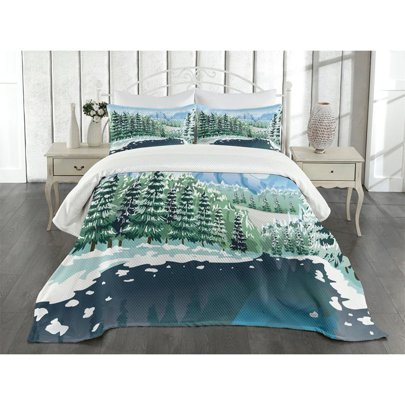 King Size White Quilted Bedspread Set with Forest Print