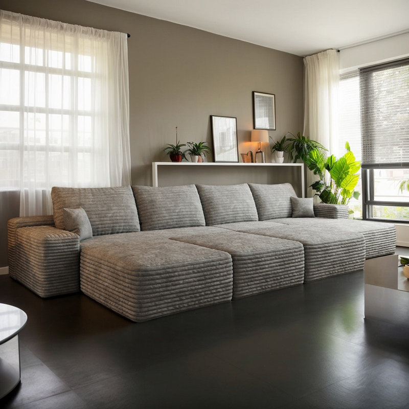 Canapé modulaire en velours côtelé 135,4 po avec 3 repose-pieds Boneless, Gris, Orienté à droite
