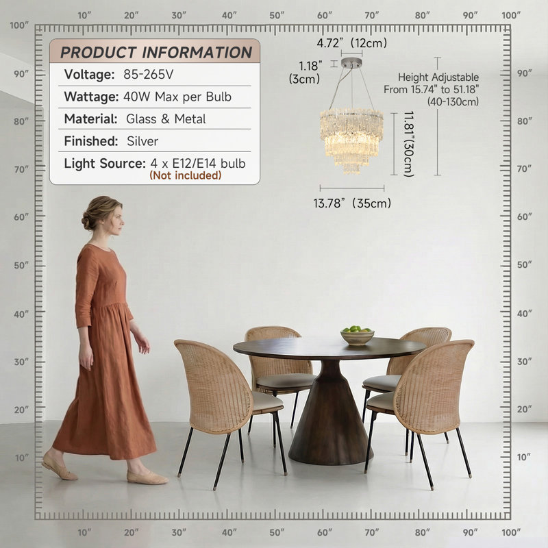 Crystal & Glass 4-Light Pendant, Height-Adjustable 15.7-51.2", Sloped-Ceiling Ready, 3 Tiers, 11.8" H x 13.78" W x 13.78" D