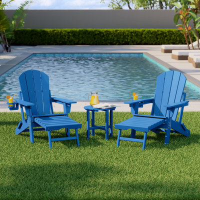 Outdoor Folding Adjustable Adirondack Chair With Hideaway Ottoman & Round Side Table