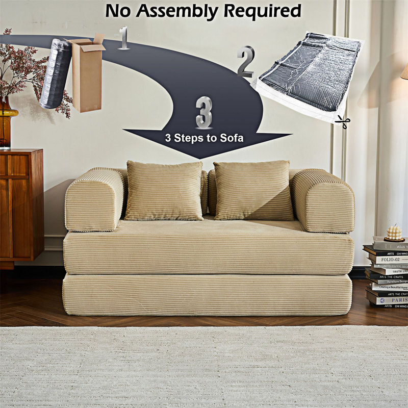 Canapé-lit convertible avec coussin, L 59,06 po, Velours côtelé beige
