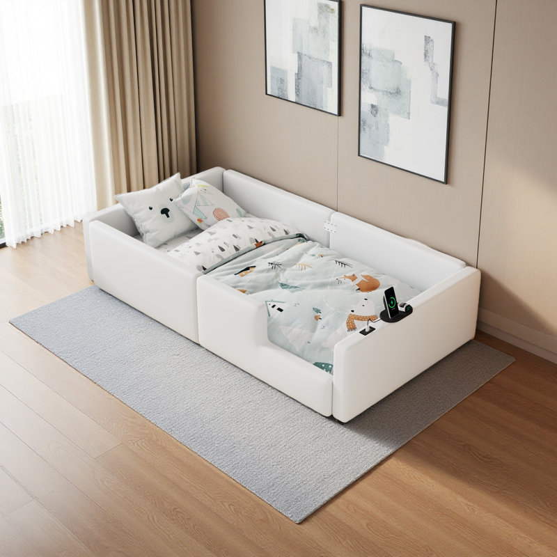 Lit plateforme tapissier simple avec garde-corps et station de charge