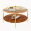 Luxueuse table basse ronde avec plateau en verre trempé doré + tablette de rangement en bois de noyer, pieds robustes en métal doré, 32,28 po de diamètre, centre de table élégant pour le salon moderne-1163759604