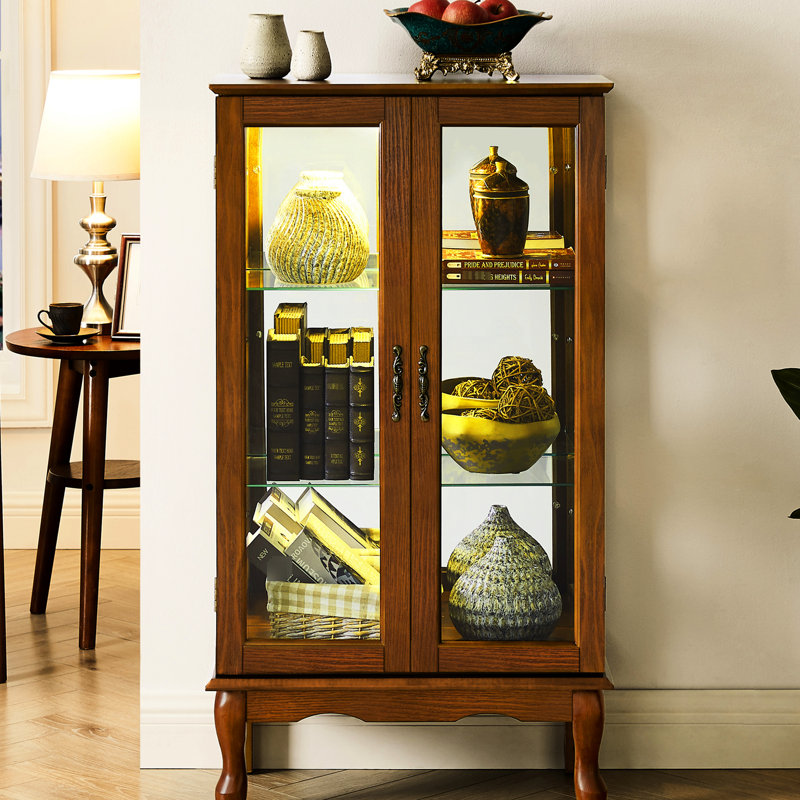 Vitrine rectangulaire en chêne avec dossier en miroir et espace de rangement élégant et efficace, Chêne