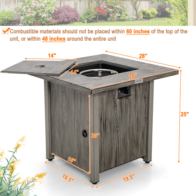 Rectangle Metal, Stainless Steel Propane Smokeless Fire Pit Table with Hidden Fuel Tank, 25" H x 28" W x 28" D, Gray