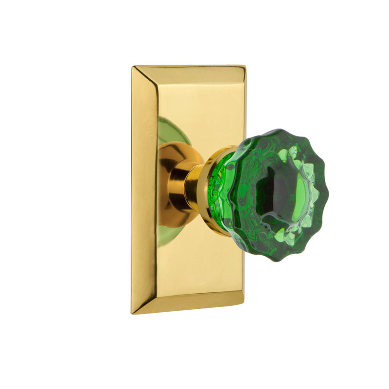 Studio Plate with Crystal Emerald Door Knob, Polished Brass