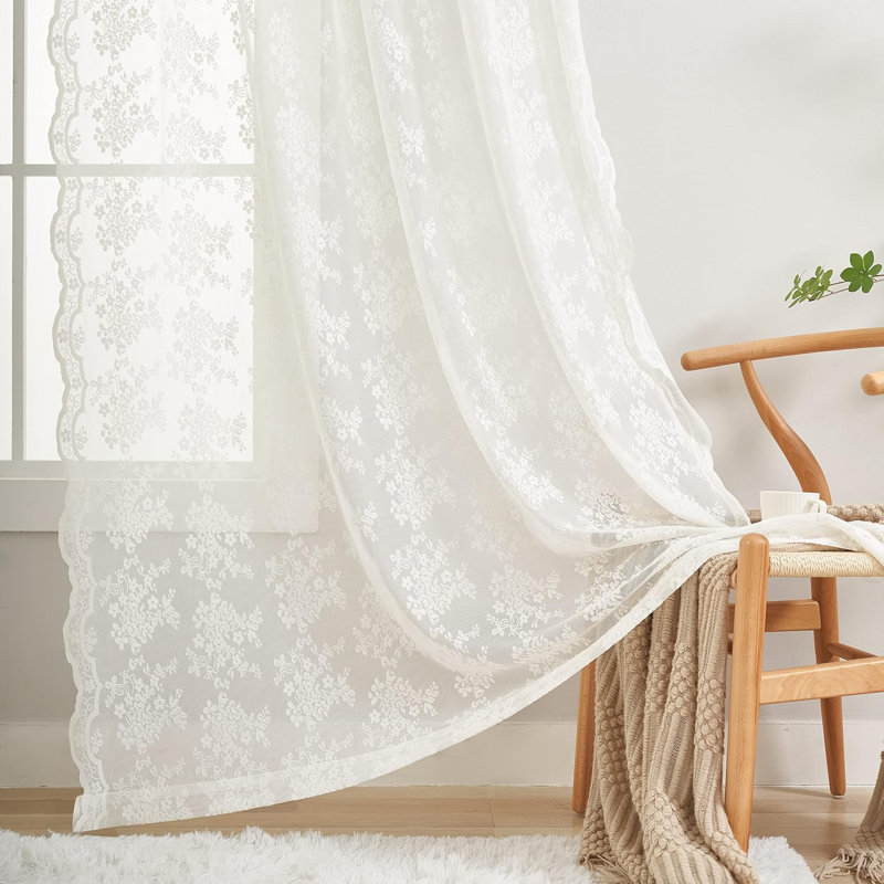 Retro Lace Curtains 84 Inches Long - Romantic Flowers And Branches Transparent Lace Curtains Suitable For Living Room French Door 1 Pair Rod Set, 52 X 84 Inches Ivory Color