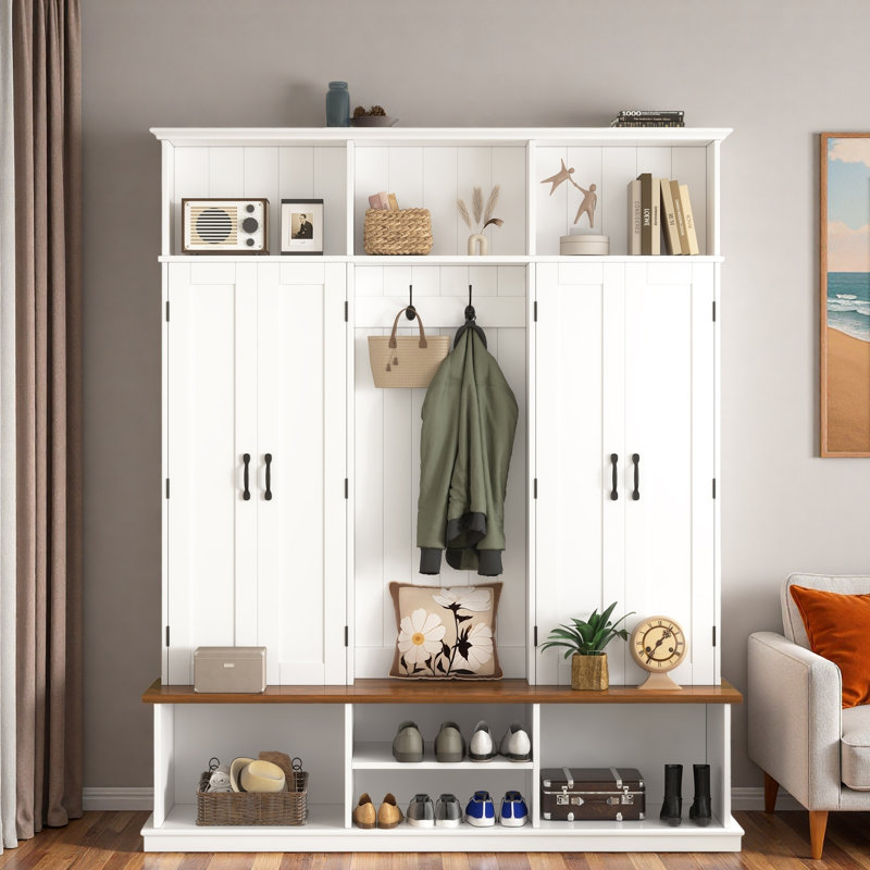 Hall Tree With Bench, Top Cubbies, Bottom Storage Space, Cabinets And Hooks, White