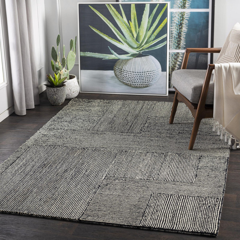 Peeta Geometric Hand-Tufted Wool Black/Ivory Area Rug, Rectangle 5' x 7'6"