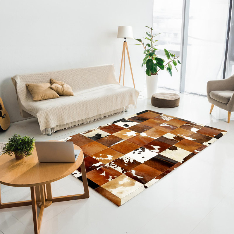 Tapis patchwork en cuir de vache véritable fait à la main - Tapis en cuir naturel tricolore, Rectangle 10 pi x 14 pi