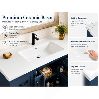 Meuble-lavabo de 122 cm avec lavabo, bleu marine, style ferme, sur pied, avec comptoir en céramique, dosseret, 7 tiroirs de rangement, portes à panneaux en X, étagères réglables, rangement dans la porte et porte-serviettes latéral.