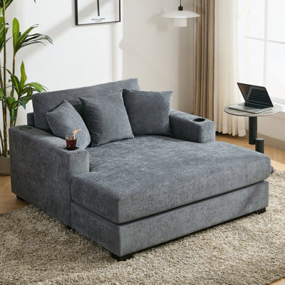 Oversized Chaise Lounger Sofa Couch With Pillows, Charge Station, Cup Holders And Removable Washable Covers, Perfect For Relaxation