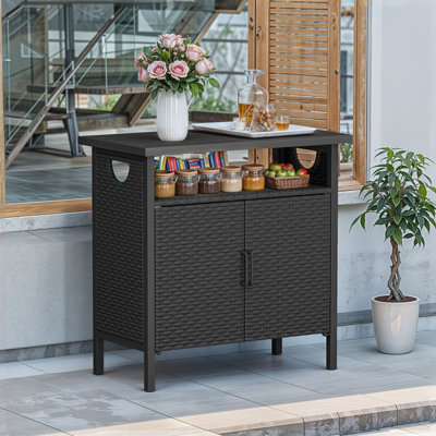 Outdoor PE Rattan Storage Cabinet – Weather-Resistant Wicker Bar Table with Double Doors