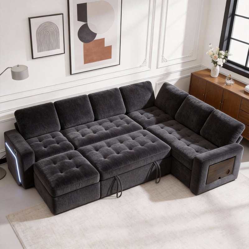 Canapé-lit modulaire de 102 po avec lit escamotable / dossier inclinable / ports USB / table / éclairage à DEL / siège de rangement, grand canapé modulaire en U à 8 places, assemblage sans outil