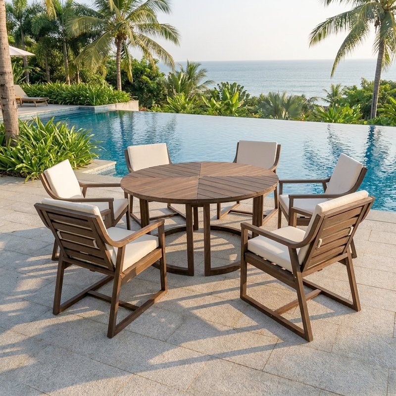 Ensemble de patio extérieur durable pour 6 personnes - Table ronde spacieuse avec chaises rembourrées et trou de parasol pour les réceptions en plein air
