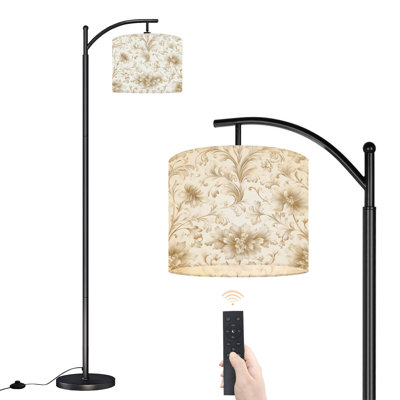 Lampe sur pied à arc avec abat-jour réglable Élégant beige floral baroque ornemental à feuilles Lampe rétro sur pied 3 températures de couleur à intensité variable, grand mât avec interrupteur au pied pour la chambre à coucher