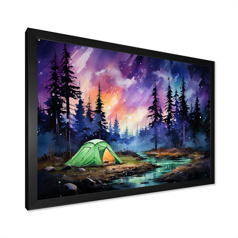 Northern Lights Camping Escape 3 - Art mural de voyage en camping, Cadre d'angle fermé noir, H 12 po x l 20 po x P 1 po